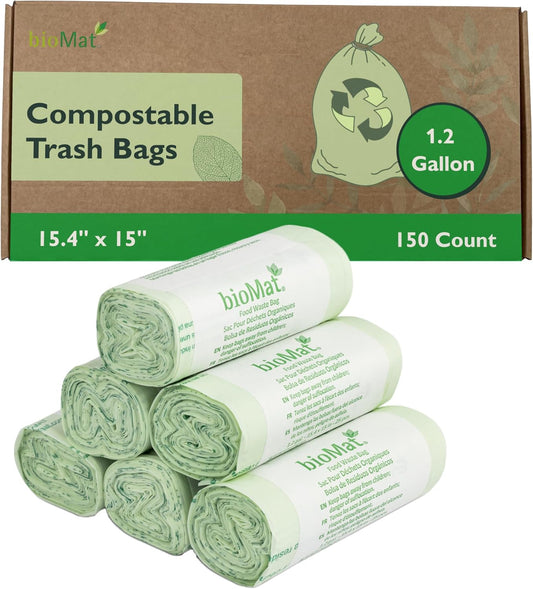 bioMat 1.2 Gallon Compostable Bags, 150 Count, Countertop Bin Liners, BPI ASTM D6400 and CMA