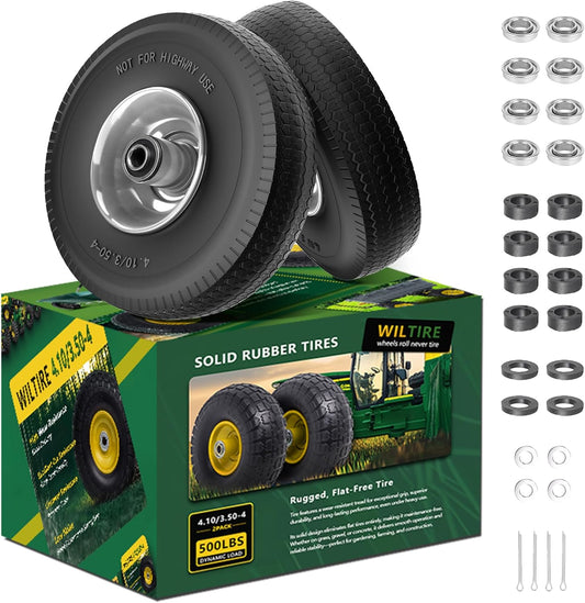 (2 Pack) 4.10/3.50-4 Flat Free Tire and Wheel 10-Inch Solid Wheel Replacement with 5/8 Extra 3/4 &1/2 Bearings,2.2" Offset Hub -Compatible with Hand Truck,Wheelbarrow(Wave,Gray)