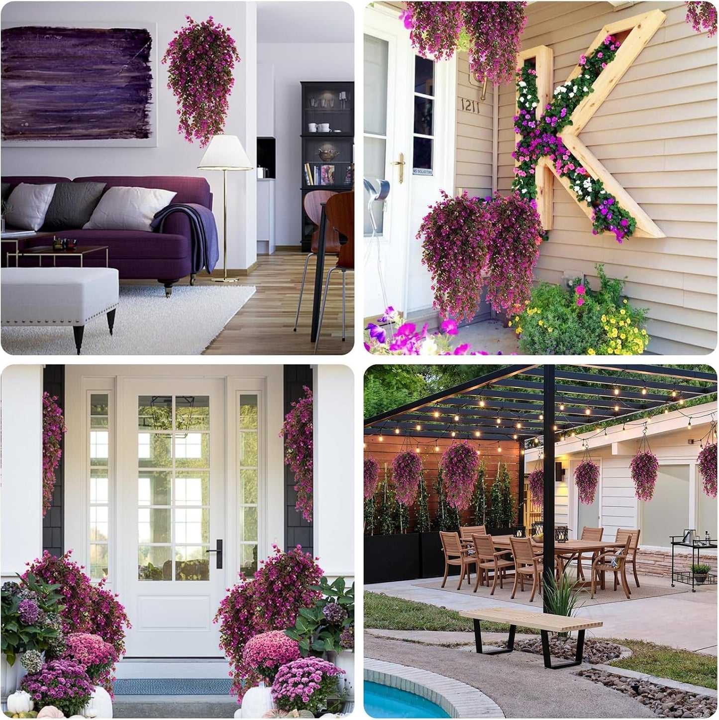 RECUTMS Artificial Hanging Plants Outdoors Faux Greenery Realistic Outdoor Porch Ferns,4 Pcs (Fuchsia)