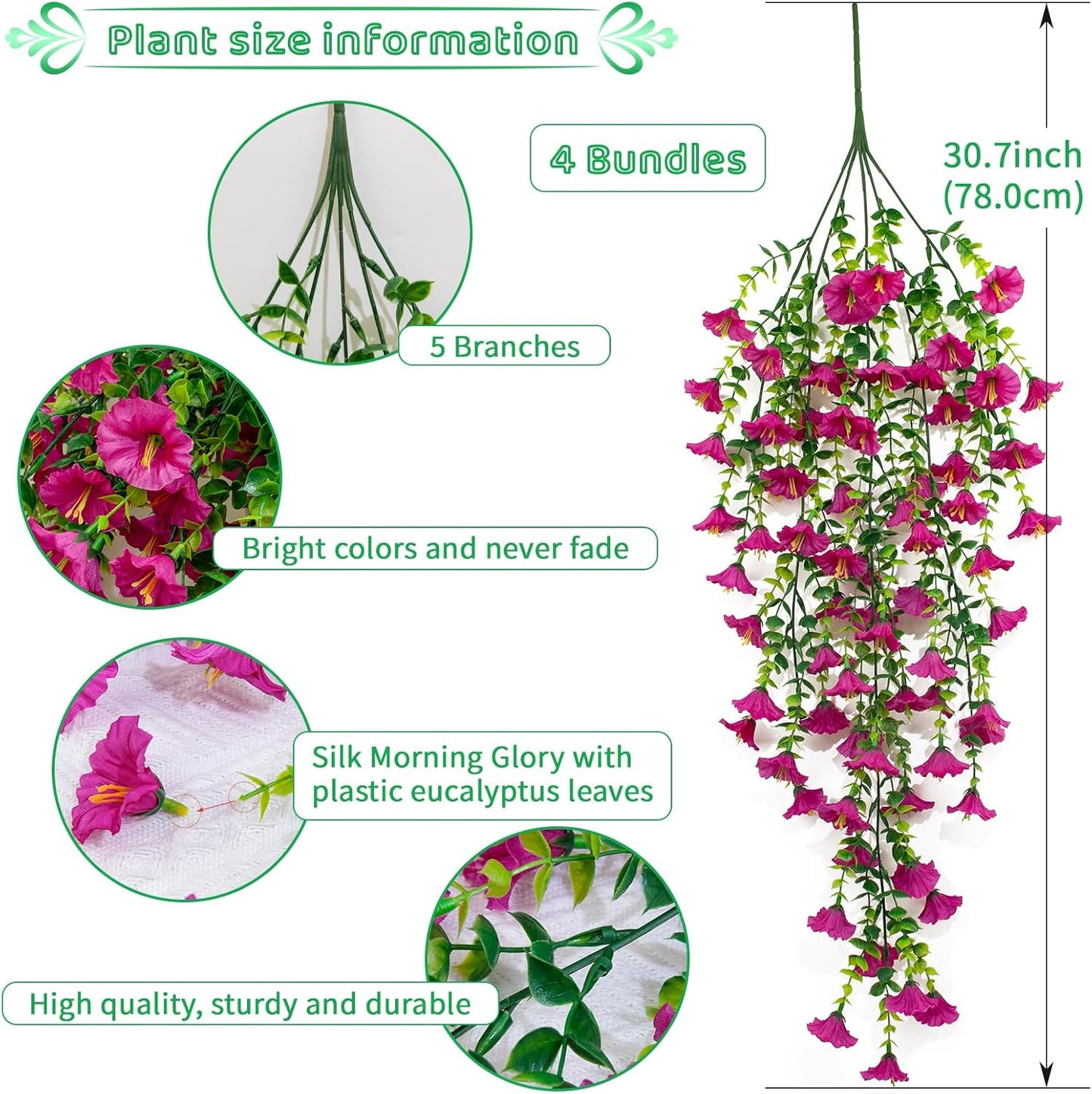 4 Pack Artificial Faux Hanging Flowers Plant for Outdoor, Fake Silk Morning Glory with Eucalyptus UV Resistant Realistic Trailing Vine for Wall Home Porch Patio Balcony Yard Indoor Decor, Rose Red