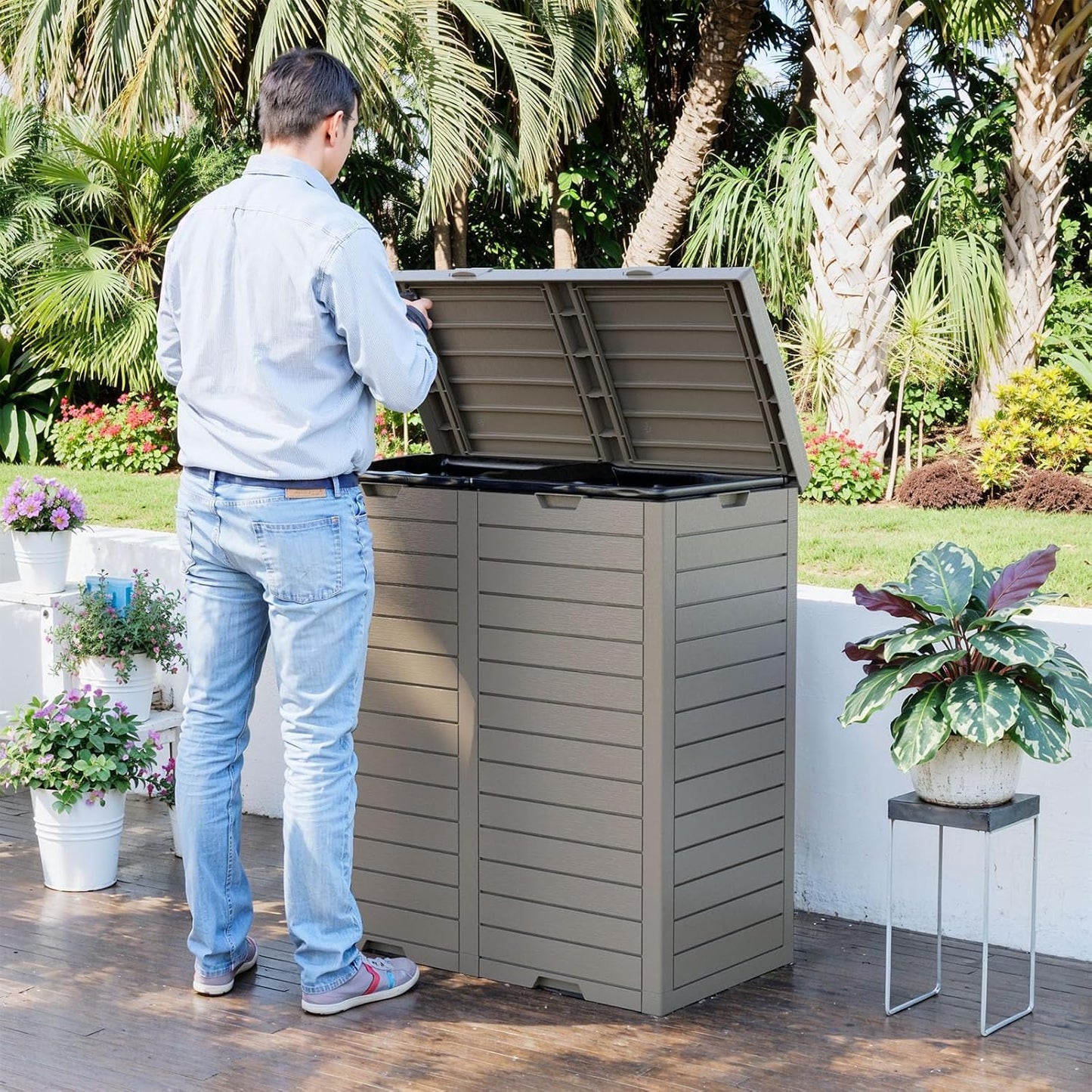 Outdoor Trash Can with Lid, Outdoor Trash Bin & Pull-Out Liquid Drawer, Dual Lid Closure Design, Waterproof Resin Garbage Can Container for Patio, Backyard, Deck (Grey, 62 Gallon)