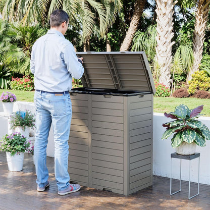 Outdoor Trash Can with Lid, Outdoor Trash Bin & Pull-Out Liquid Drawer, Dual Lid Closure Design, Waterproof Resin Garbage Can Container for Patio, Backyard, Deck (Grey, 62 Gallon)