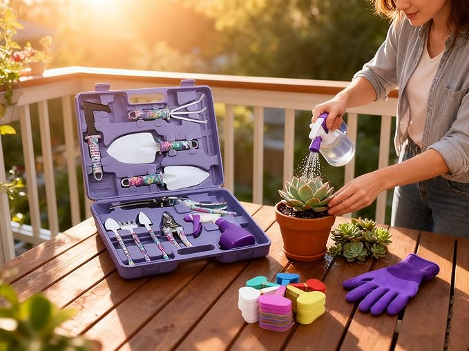 Purple Gardening Tool Set for Women, 13PCS Stainless Steel Purple Garden Tool Set with Trowel, Rake, Weeder, Pruner, Sprayer, Claw Digging Gloves, Garden Tools for Gardening Women