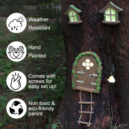 Fairy Door and Windows Garden Kit Accessories Outdoor, Glow in Dark Gnome House for Tree, Lawn Yard Art Sculpture, Miniature Garden Decor (Ladder)