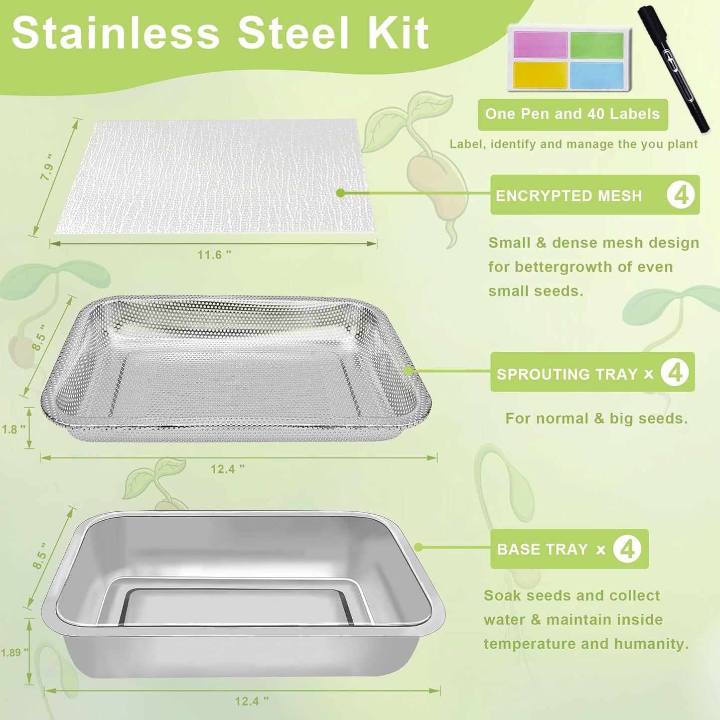 Stainless Steel Sprouts Growing Kit 4-Tier 12.4 inch Trays, Microgreens Growing Kit, Seed Sprouting Tray with Encrypted Mesh Sprouts for Beans Alfalfa Broccoli Wheat Grass