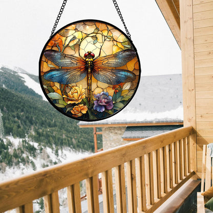 Stained Glass Window Hanging - Orange Blue Dragonfly Flower Suncatcher for Doors Window Home Sun Catchers Decor Christmas Mother's Day Birthday Outdoor Gifts for Women Men Mom Nana 6.3 in