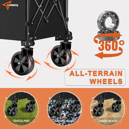 Collapsible Folding Wagon, 350lb Weight Capacity Collapsible Wagon with All-Terrain Wheels, Cup Holders and Adjustable Handle Utility Wagon, for Grocery Camping Garden Sports Shopping, Black