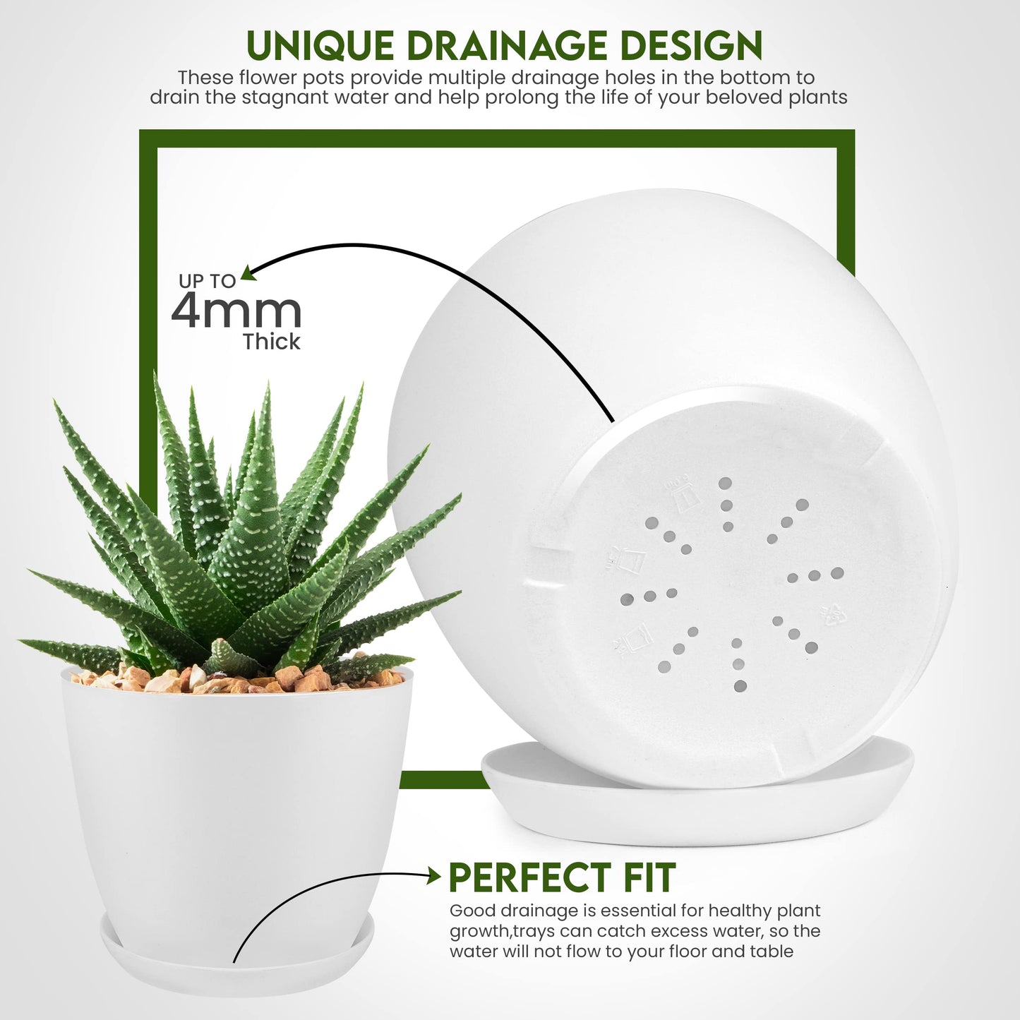 Plant Pots Indoor with Drainage, 5 Pack Multi-Size Planters Set, White