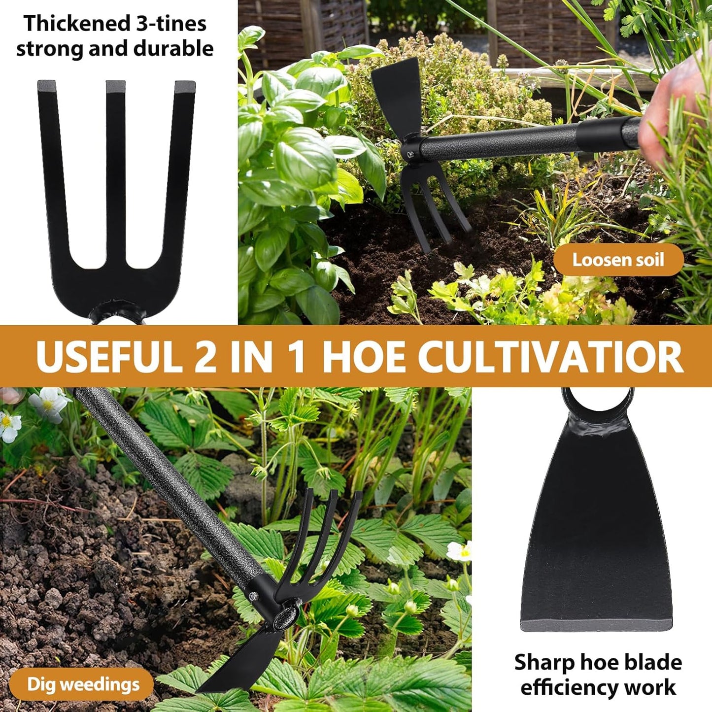 Weeding Tool, Hoe Cultivator 2 in 1 Garden Tools - 31" Heavy Duty Weeder Hand Tiller Weeding Rake for Flower Beds Yard Lawn Gardening Digging Planting
