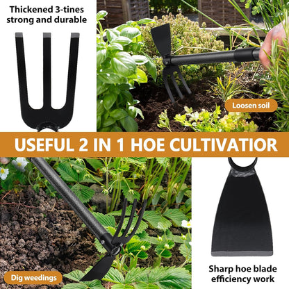 Weeding Tool, Hoe Cultivator 2 in 1 Garden Tools - 31" Heavy Duty Weeder Hand Tiller Weeding Rake for Flower Beds Yard Lawn Gardening Digging Planting