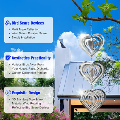 9 Heart Bird Scare Discs Set-Highly Reflective Double-Sided Bird Reflectors, Stainless Steel Wind Spinner with 360° Rotating Hook, Mirrored Wind Chime Decor for Yards, Gardens, Balconies & Orchards