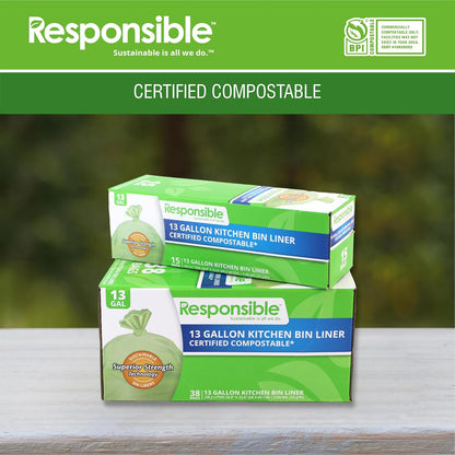 Responsible Products Kitchen Bin Liners, Certified Compostable, Heavy Duty Multipurpose Food Scrap Bags, Made from Compostable Materials (13 Gallon, 13 Gallon (15 Count))