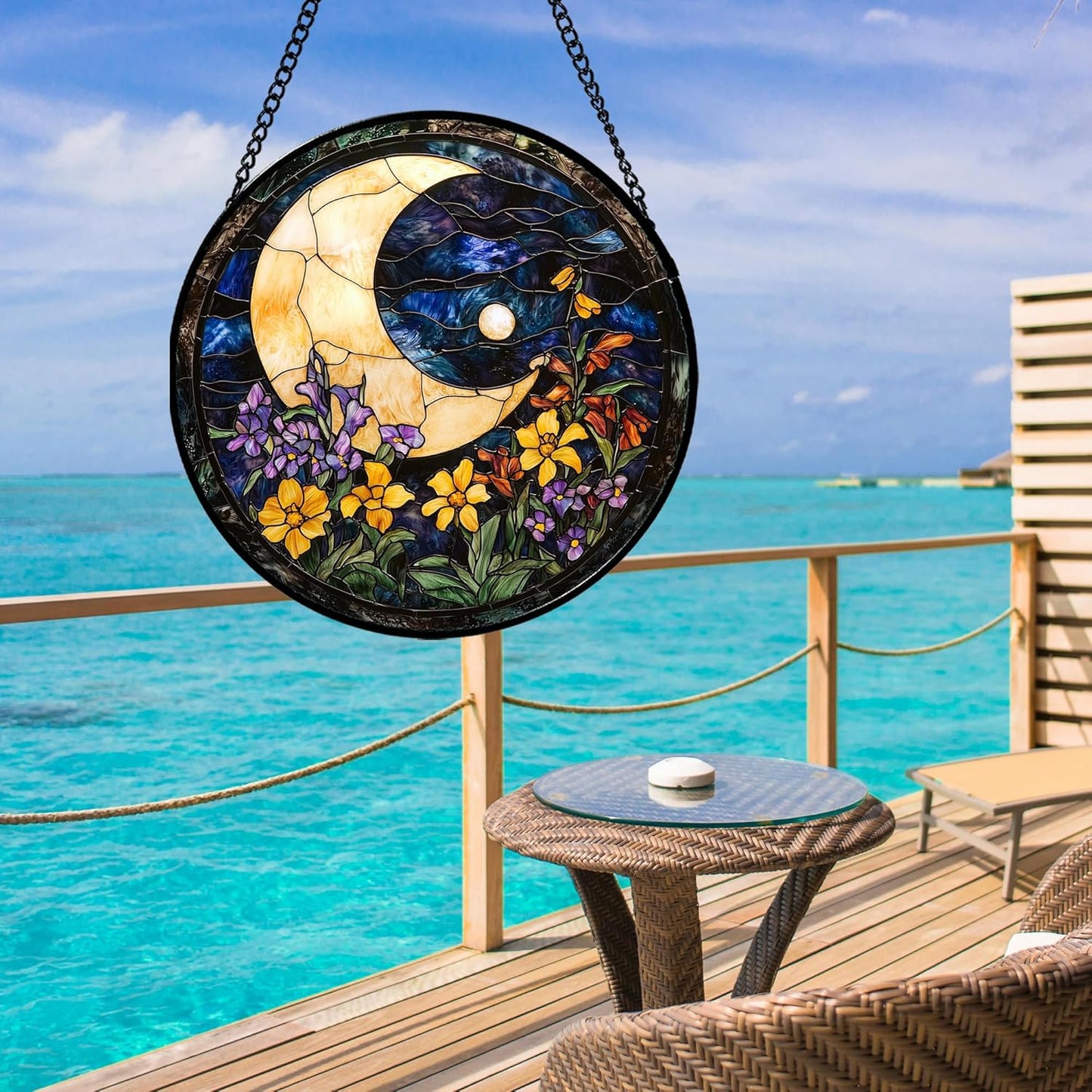 Stained Glass Window Hanging - Blue Night Sky Moon Suncatcher for Door Terrace Garden Home Decor Wildflowers Sun Catcher Birthday Gifts for Lovers Women Men Dad Mom Nana 11.8 in
