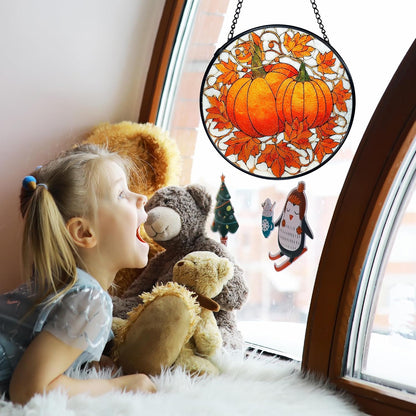 TNUW Fall Autumn Pumpkin Stained Glass Window Hanging, Farmhouse Autumn Pumpkin Maple Leaf Sun Catchers Indoor Window Glass Round Wall Art Decor, Rustic Fall Wall Hanging Decorations, 7.9＂x7.9＂