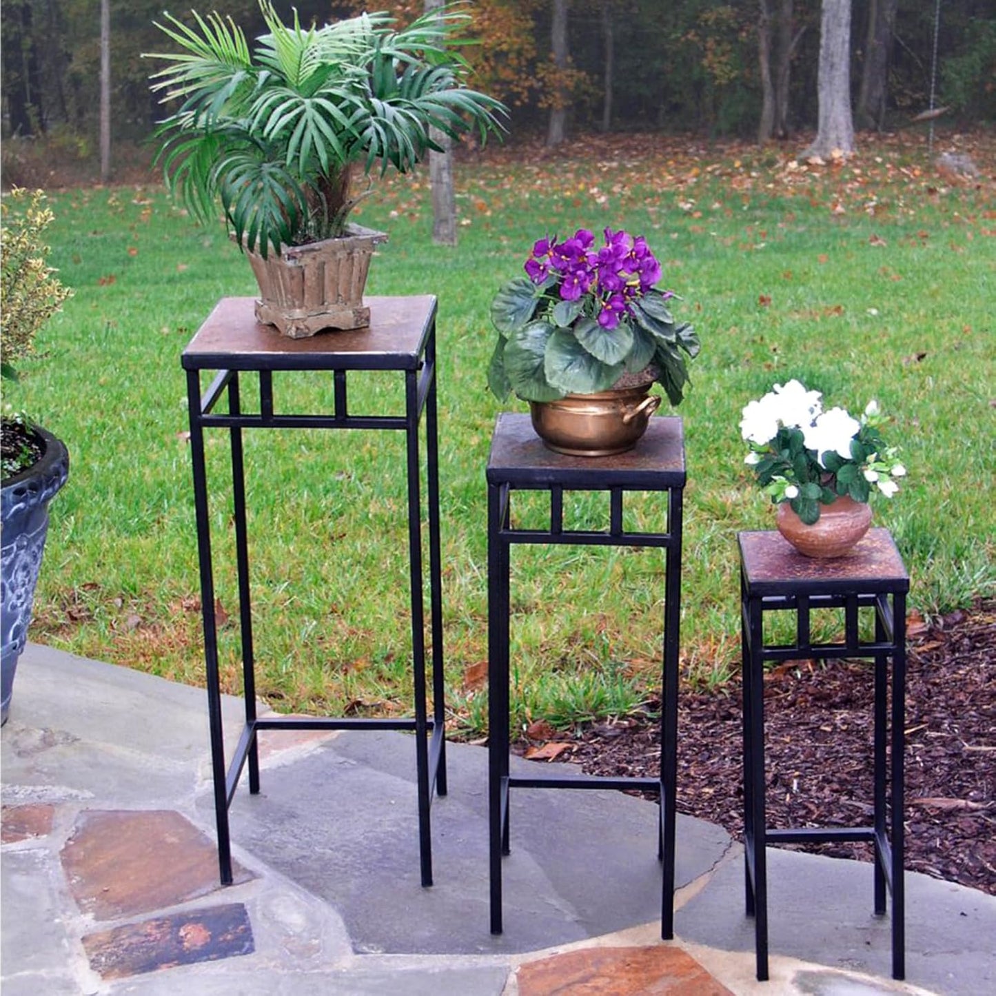 Zhongma Set of 3 Metal Plant Stand with Slate Top Square Flower Shelf without Installation Required