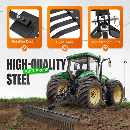 KUAFU 60" Landscape Rake, 3 Point Rake 360 Rotation Compatible with Category 1 Cat1 Compact Tractors Tow-Behind Garden Tool for Garden, Farm, Clearing Brush, Raking Arenas 2 Package Black