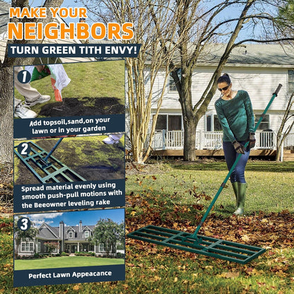 Lawn Leveling Rake Heavy Duty Stainless Steel Lawn Leveler Tool 45”x10” with 78” Adjustable Long Handle Yard Level Rake for Soil, Ground,Backyard Dressing,Golf Field,Garden Tools Grass Seed
