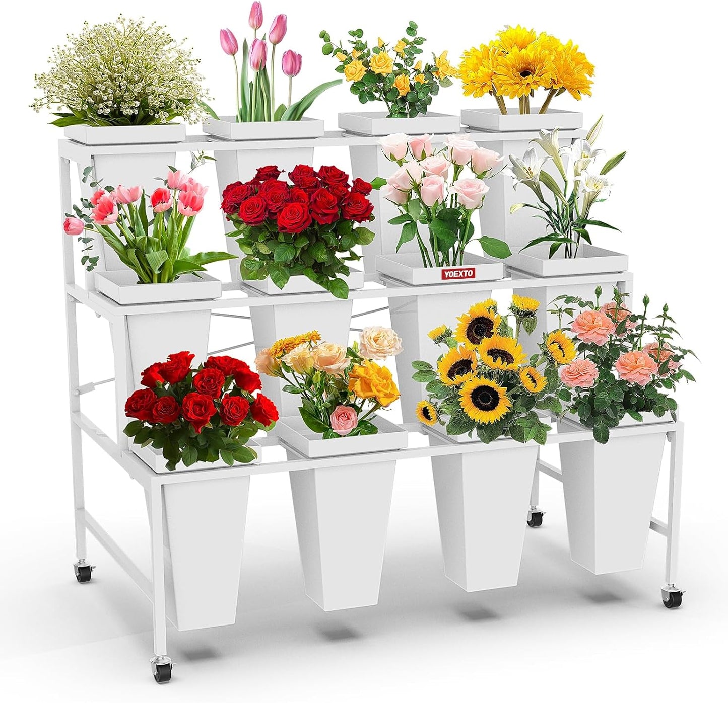 Flower Display Stand 3 Layers with 12 PCS Round Buckets, Plant Stand with Wheels, Movable Metal Plant Stand for Terrace Garden, Living Room, Florist Shop