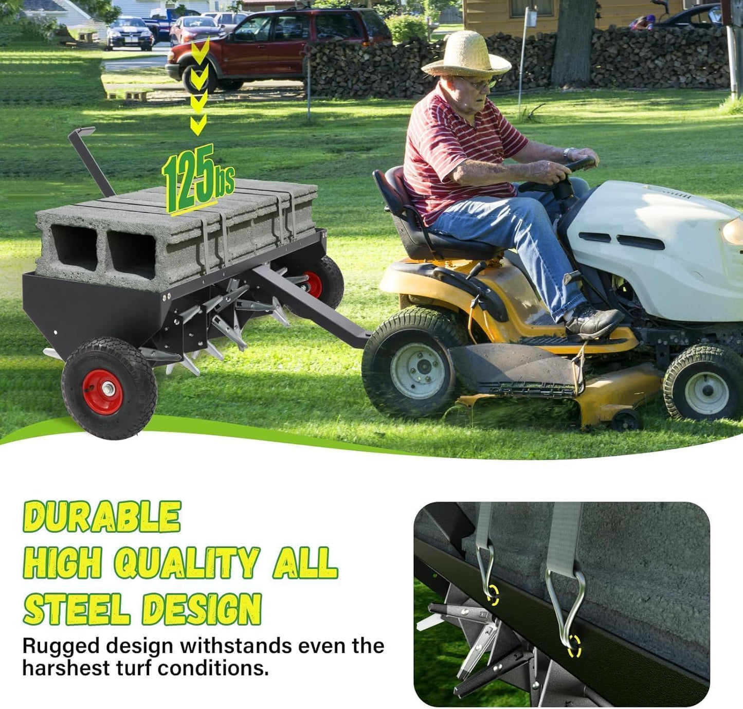 Doniks 52-Inch Tow Behind Lawn Plug Aerator with Universal Hitch, Lawn Aerator Tow Behind with 40 Galvanised Steel Tines,Tray and Inflatable Wheels for Gardens, Lawns, Farms