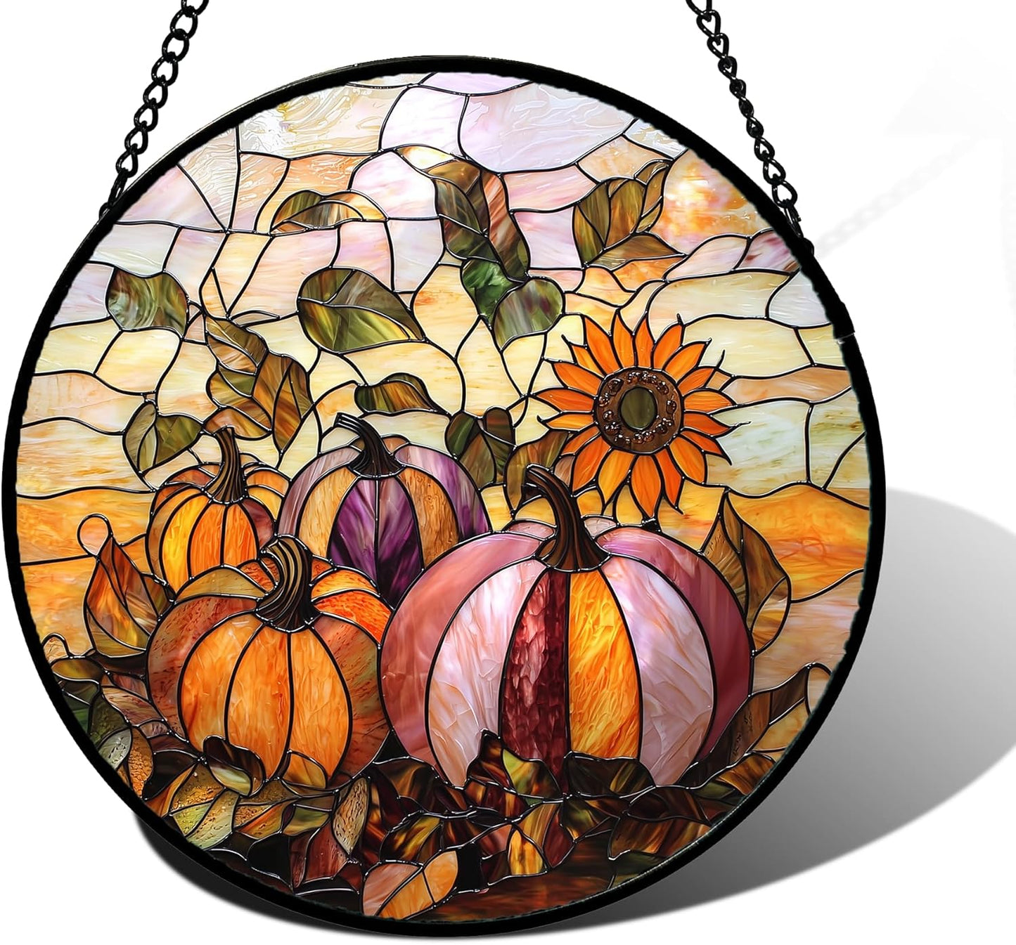 Stained Glass Window Hanging, Pumpkin Sunflower Suncatcher Diamond Glass Panel Sun Catchers Decor for Birthday for Women, Men, Wife, Aunt, and Mom 6.3 in