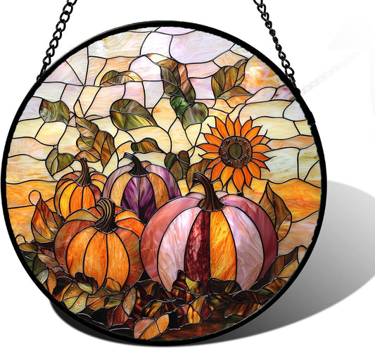 Stained Glass Window Hanging, Pumpkin Sunflower Suncatcher Diamond Glass Panel Sun Catchers Decor
