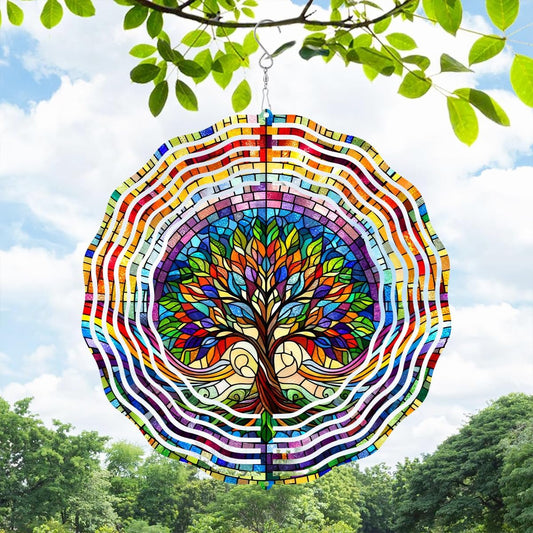 Tree of Life Wind Spinner 3D Stainless Steel Hanging Wind Spinners 10 Inch Stained Glass Style Multi-Color Kinetic Decor for Indoor and Outdoor Spaces Christmas