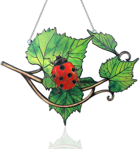 Stained Glass Suncatcher Window Hanging, Ladybug Sun Catchers Indoor Window, Green Leaves and