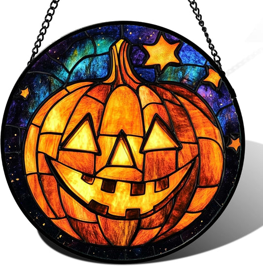 Stained Glass Window Hanging Halloween Horror Golden Pumpkin 7.8" - Suncatcher Door Garden Sunroom