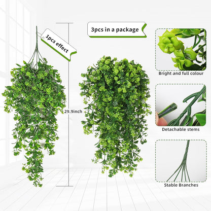SJL Fake Hanging Plants 3pcs Hanging Plants with Flowers Artificial Greenery Faux Ivy Vine Leaves UV Resistant Plastic Plant Faux Greenery Vine Plant for Wall Home Indoor Outdoor Decor (Green)