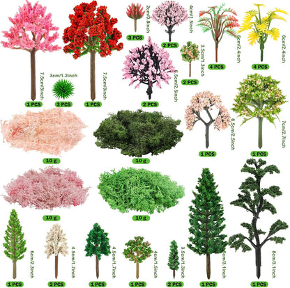 36 Pcs Mixed Model Trees with 40g Moss Pink and Green, Diorama Trees Grass Mini Fake Miniature Trees Moss for Building Model, Model Train Scenery, Natural Green Landscape, Railroad Scenery