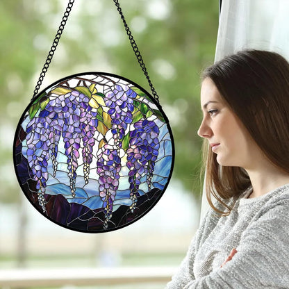 Stained Glass Window Hanging, Wisteria Flower Sun Catcher for Door Home Decor Purple and Blue Suncatcher Christmas Mother's Day Birthday Gifts for Women Men Mom and Nana 7.8 in