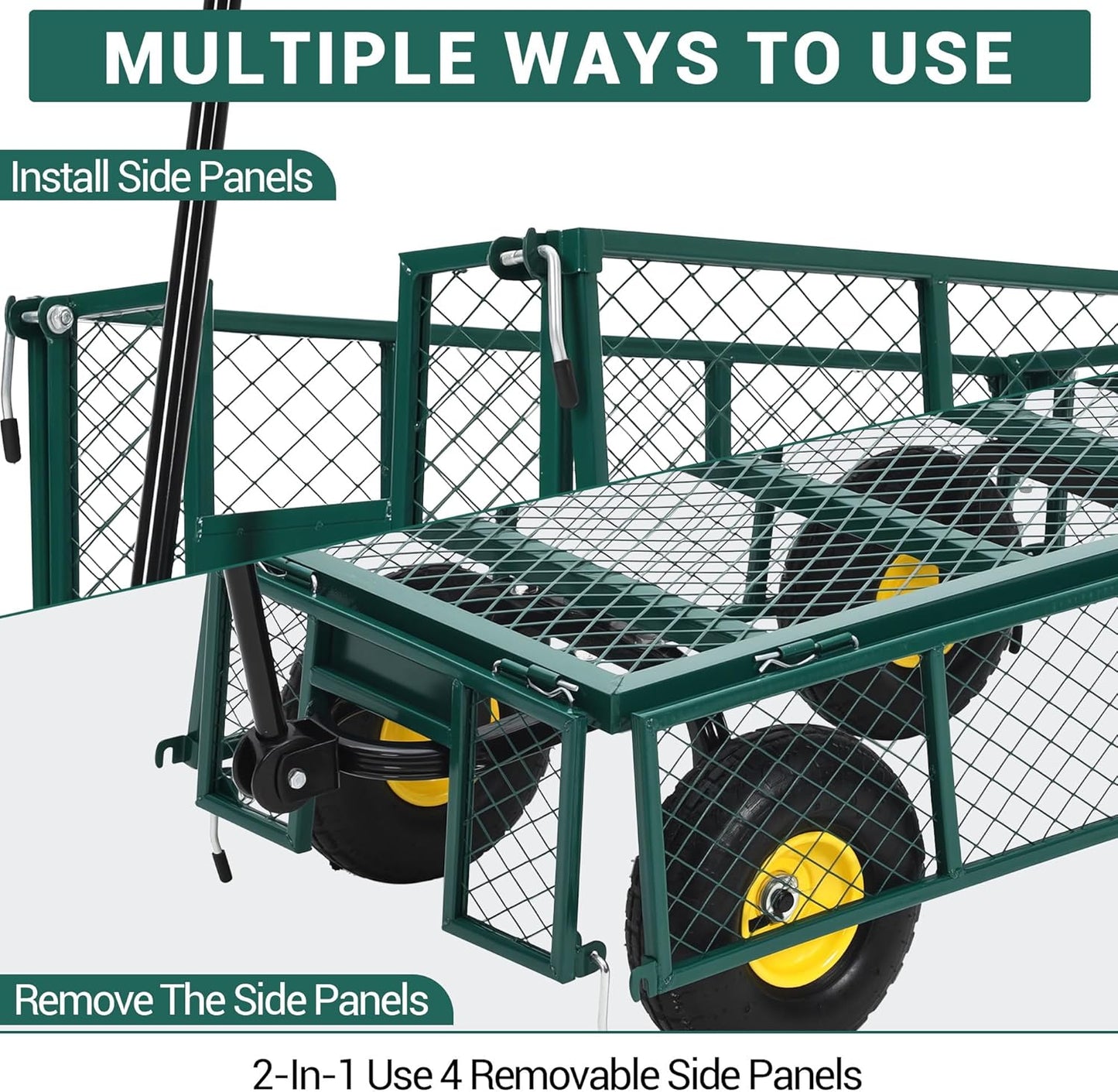 Heavy Duty Garden Cart On Wheels - 880LBS Metal Wagon with 10" Pneumatic Wheels, 180° Rotating Handle & Removable Sides - All-Terrain Yard Wagon for Farm, Beach & Outdoor Use