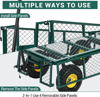 Heavy Duty Garden Cart On Wheels - 880LBS Metal Wagon with 10" Pneumatic Wheels, 180° Rotating Handle & Removable Sides - All-Terrain Yard Wagon for Farm, Beach & Outdoor Use