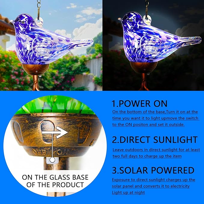 Wind Chimes, Solar Glass Bird Shape, LED, Outdoor Lawn and Patio Glass and Metal Decoration, 7 x 4 x 44 Inches (Dark Blue)