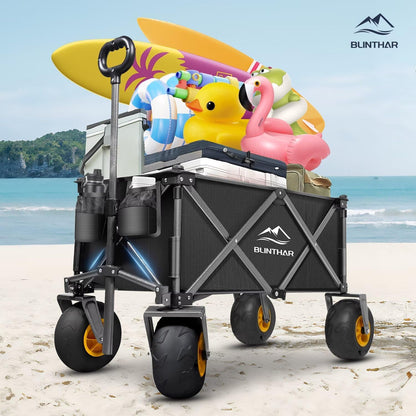 Beach Wagon with Big Wheels for Sand, Heavy Duty Harder Sand Collapsible Folding Wagon with All-Terrain 9" Pneumatic Ballon Tires, Utility Wagon for Garden Sports Camping Outdoor Activities