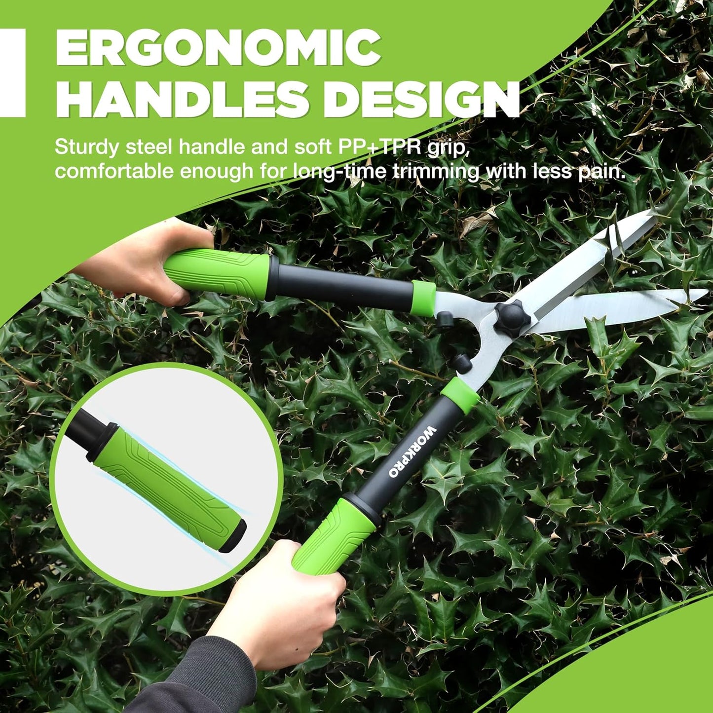WORKPRO Hedge Shears, 23'' Manual Hedge Trimmers with Chrome Plated Steel Blade & Ergonomic Handle, Home Garden Pruner Hedge Clippers Perfect for Trimming Borders, Boxwood, and Tall Bushes