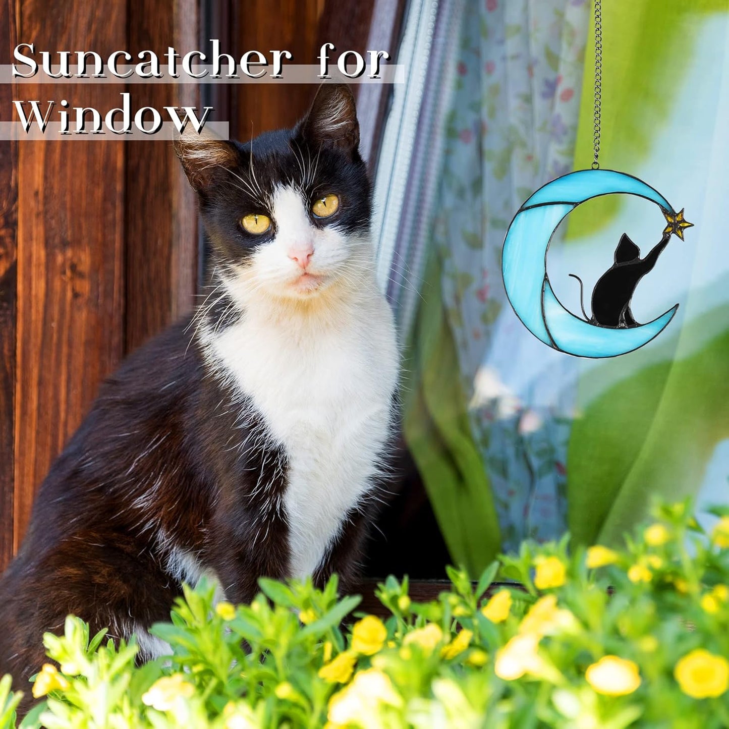 Stained Glass Cat on Moon Pick Star Window Hanging Suncatchers Memorial Gift Decor for Women (Black Cat on Blue Moon)