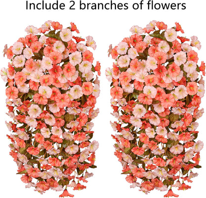 HyeFlora Artificial Fake Fall Hanging Flowers for Outdoor Decor, 2PCS Faux Silk Morning Glory Hanging Plants Mums Vine for Home Garden Wall Party Indoor Outside Decoration (Fall Orange+Light Orange)