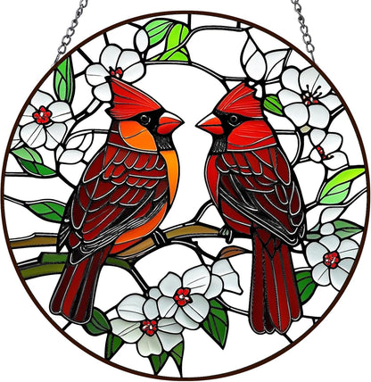 Cardinal Suncatchers Stained Glass for Windows Hanging - 8'' Sun Catchers Indoor Window - UV-Print Stain Glass Window Hanging for Home Decor, Wall Art, Gifts for Mom, Bird Lovers