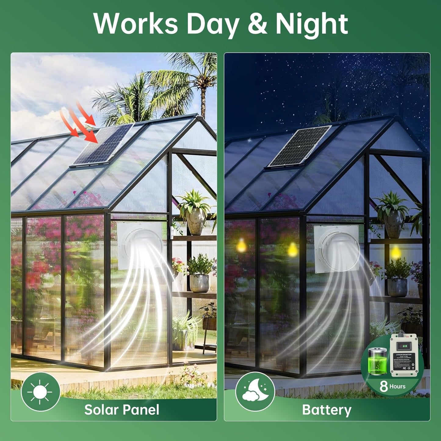 Solar Powered Exhaust Fan with Battery, 25 W Waterproof Solar Panel 8 Inch Ventilation Vent Fan Solar Fan for Greenhouse, Chicken Coop,Shed, Garage, Attic, Barn, Workshop,14.8ft Cable,5000mAh Battery