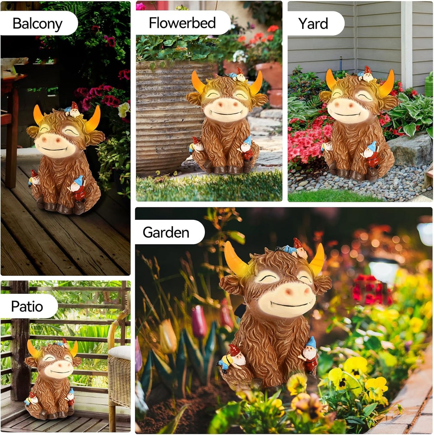Solar Garden Statue Highland Cow Figurine with Funny Gnomes Garden Outdoor Decor for Yard Patio Lawn Christmas Housewarming Gifts for Women,Mom,Grandma (Brown)