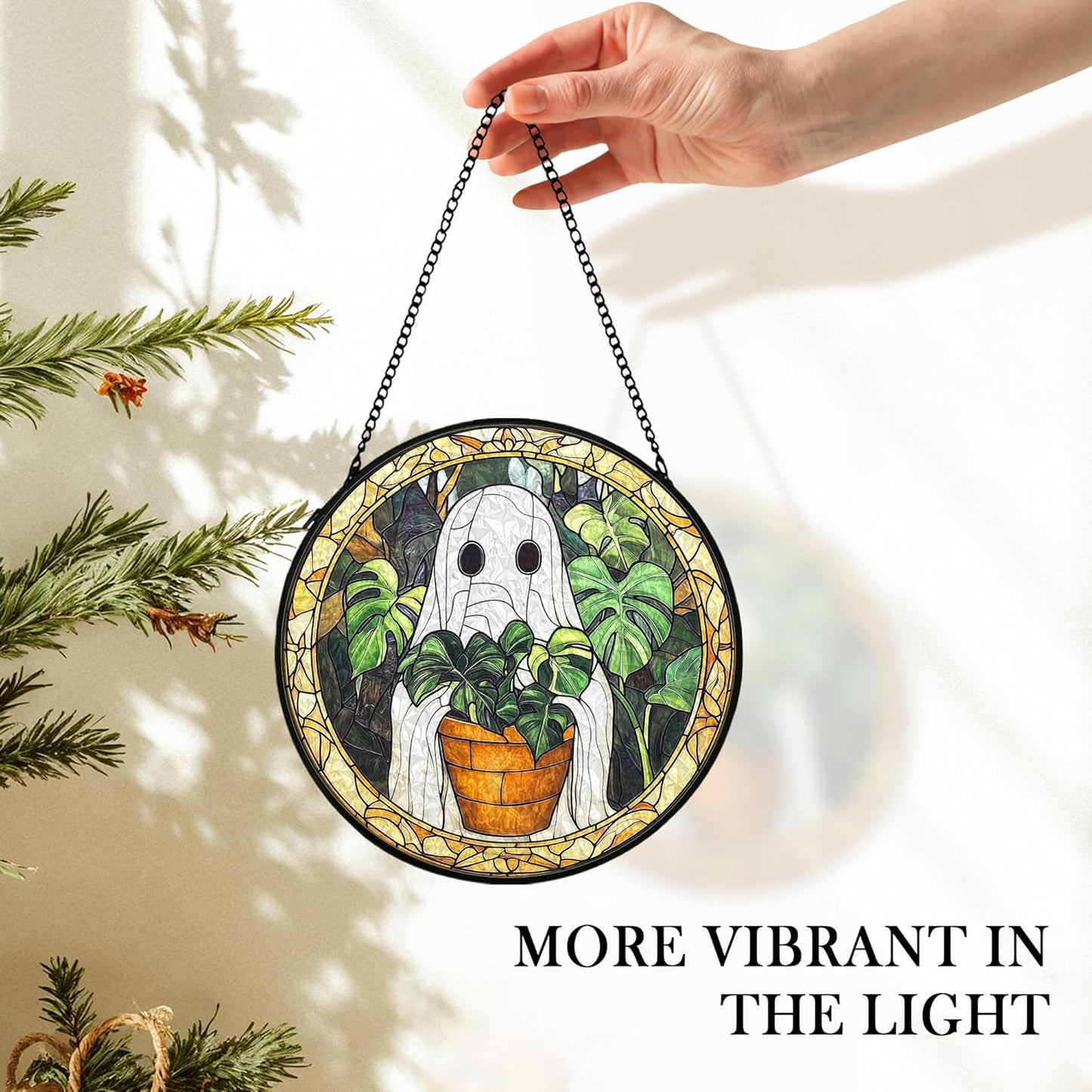 Halloween Ghost Suncatcher Stained Glass Window Hanging Decor, Cute Ghost Stained Glass Wall Decor, Plant Lovers Gifts, Botanical Garden Sun Catchers Indoor Window Hanging Wall Art, 7.9x7.9In