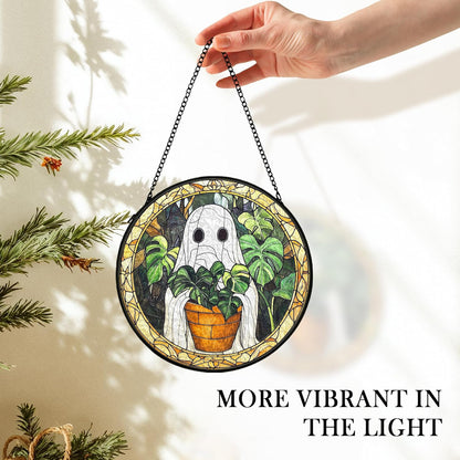 Halloween Ghost Suncatcher Stained Glass Window Hanging Decor, Cute Ghost Stained Glass Wall Decor, Plant Lovers Gifts, Botanical Garden Sun Catchers Indoor Window Hanging Wall Art, 7.9x7.9In