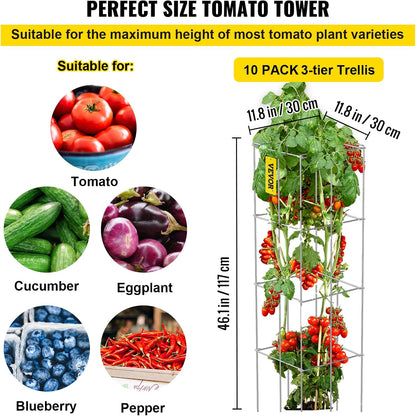 VEVOR Tomato Cages, 11.8" x 11.8" x 46.1", 10 Packs Square Plant Support Cages, Silver PVC-Coated Steel Tomato Towers for Climbing Vegetables, Plants, Flowers, Fruits