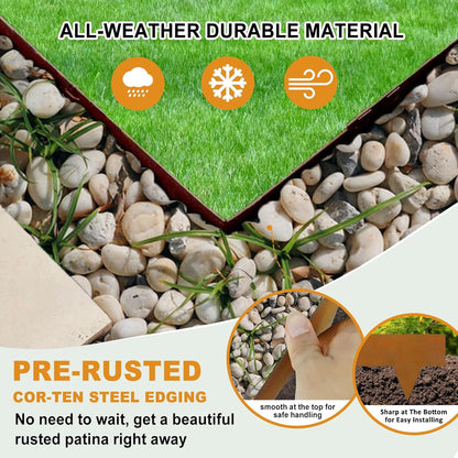 Hugeleaf 4.5 Inch Pre-Rusted Cor-Ten Steel Landscape Edging with 11 Pcs Metal Clips, Hammer-in Heavy Duty Metal Edging Pack of 10 (33 Feet Total Length) -Edge for Lawn Garden Yard