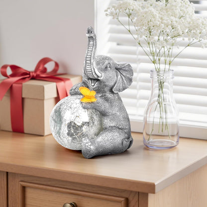 Solar Garden Outdoor Statues for Women, Mom, Grandma. Glass Globe Elephant Figurine Housewarming and Birthday Gifts Elephant Statue Decor for Backyard, Patio, Balcony, Lawn, Pond