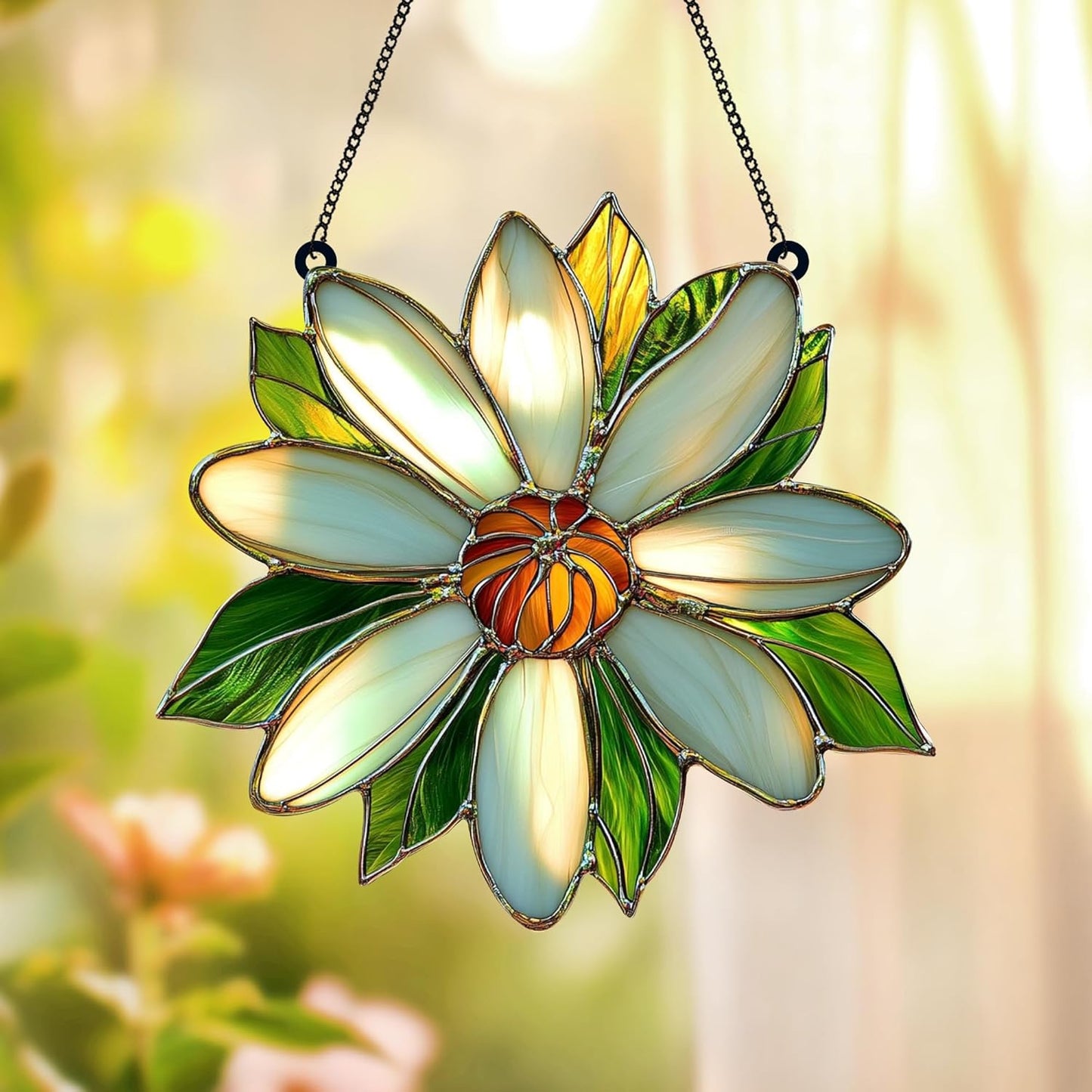 White Daisy Flower Acrylic Suncatcher Stained Glass Effect Window Car Hanging Christmas Ornament Indoor Outdoor Decor Garden Sun Catcher Panel for Flowers Lover for Women Mom Grandma