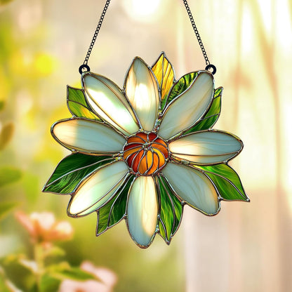 White Daisy Flower Acrylic Suncatcher Stained Glass Effect Window Car Hanging Christmas Ornament Indoor Outdoor Decor Garden Sun Catcher Panel for Flowers Lover for Women Mom Grandma