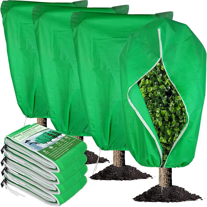 4 Packs Plant Covers Freeze Protection 47.7" X 72" - 2.2oz Large Frost Blankets for Plants Frost Cloth Plant Freeze Protection Tree Covers Bags with Zipper Drawstring Green