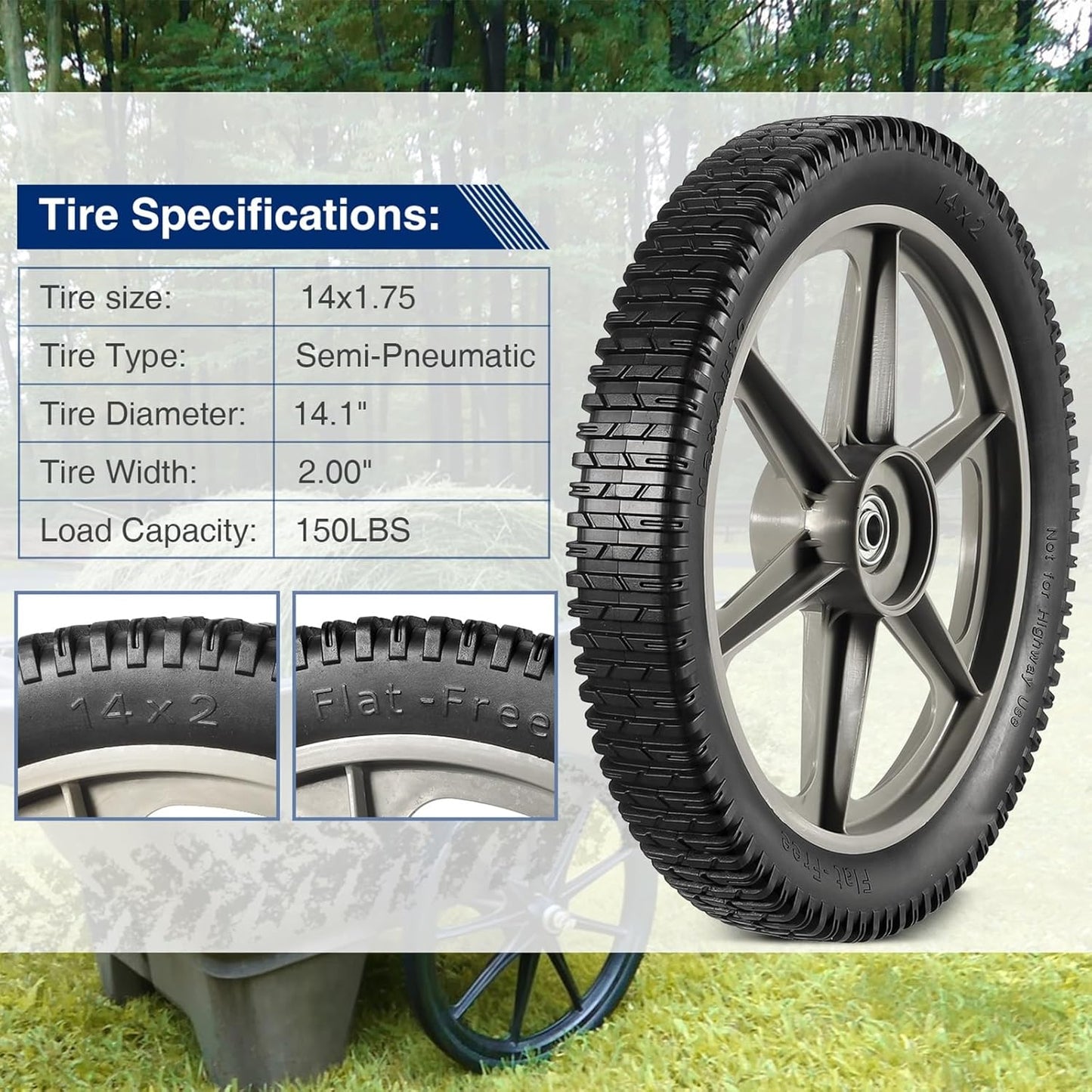 MaxAuto 14 x 1.75" Spoked Plastic Wheel with Tire Replacement for Craftsman Mower, Wheelbarrow, Trimmer, Push Mower, Pressure Washer, 1.75" Offset Hub Length,1/2" inside Bearing, 2 Pack